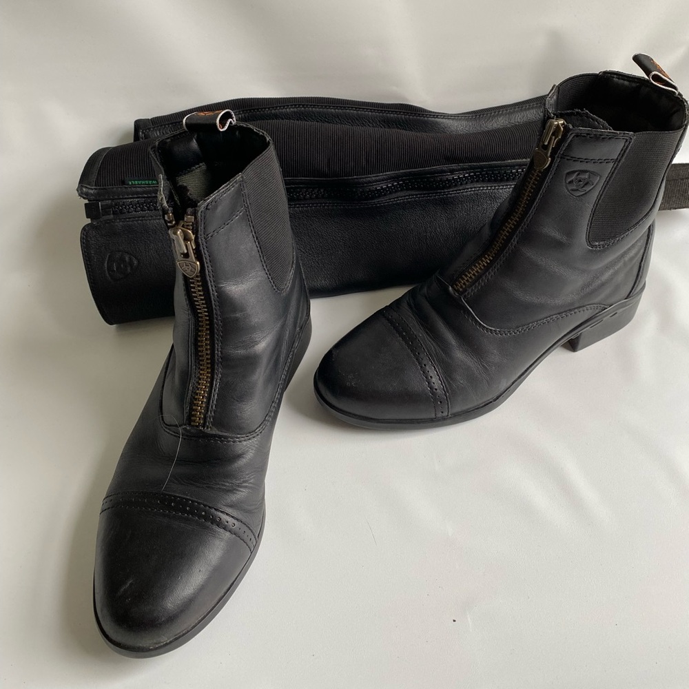 Ariat Women's Black Leather riding Ankle Boots and chaps.